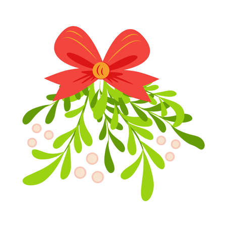 Branch of mistletoe with berries and red bow. A bouquet of Christmasのイラスト素材