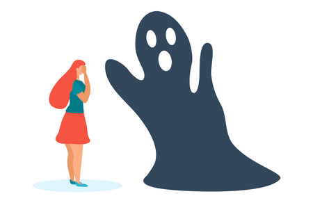 Frightened woman in the face of fears. Fear prevents you from moving forward. Fears and limitations in the head, in thoughts, in the brain. Concept of psychology and complexes. Flatのイラスト素材