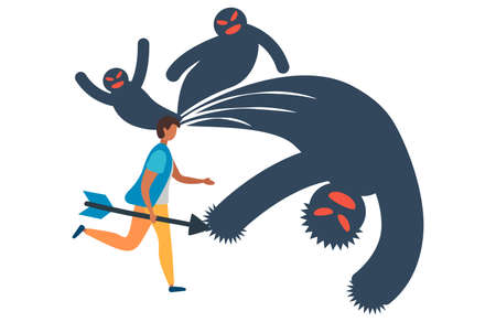 Frightened man in the face of fears. Fear prevents you from moving forward. Fears and limitations in...