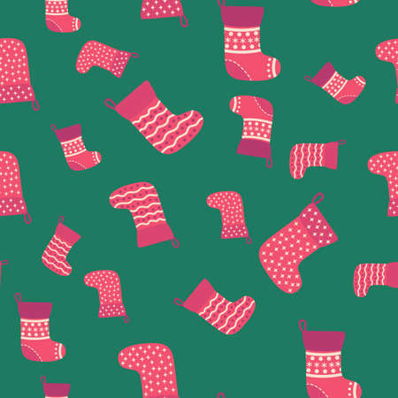 Christmas seamless pattern with red Christmas socks with snowflakes, specks