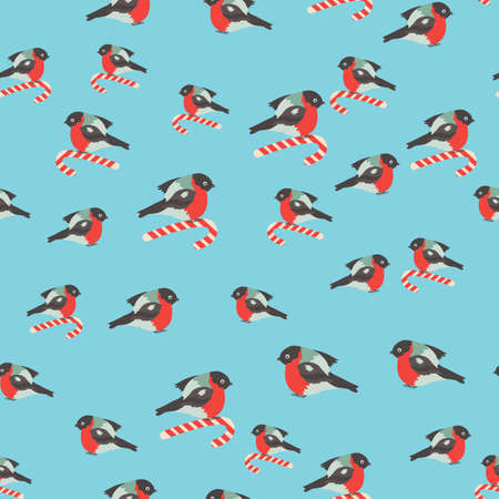 Seamless pattern for Christmas with cane lollipop and bullfinch bird. Winter holiday