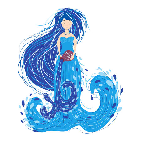 Zodiac, Aquarius zodiac sign illustration as a beautiful girl with braids. Vintage zodiac boho style fashion illustration in pastel colors.のイラスト素材
