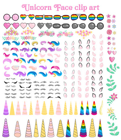 Unicorn creation kit of cute cartoon unicorn character illustration. Create your own unicorn faceのイラスト素材