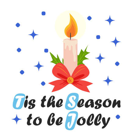 Christmas card with candles in flat style with bow. Merry Christmas Simple flat postcard winter holidaysのイラスト素材