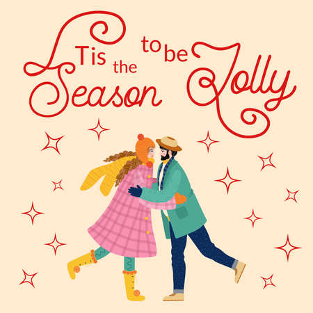 A bearded man and a girl are hugging, the couple congratulates each other on the winter holidays. Christmas and Happy New Year illustration. Trendy retro style, design template.のイラスト素材