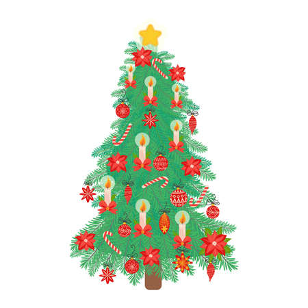 Happy New Year illustration of Christmas tree. Hand drawing fir tree, Christmas ornaments. Holiday poster with Christmas symbols.のイラスト素材