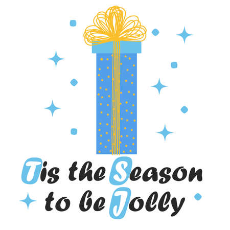Merry Christmas card with blue gift box. Simple flat postcard winter holidays gift boxes with letteringのイラスト素材
