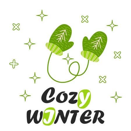 Christmas card with green mittens and lettering. Warm wishes. Cute romantic winter illustration, poster, christmas card, banner, sticker, gift tag. Cozy winter art.のイラスト素材