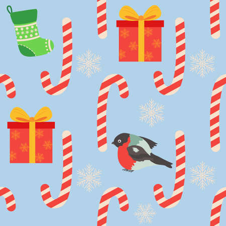 Christmas seamless pattern with candy cane, gift, stocking, bullfinch bird. Christmas wrapping paperのイラスト素材