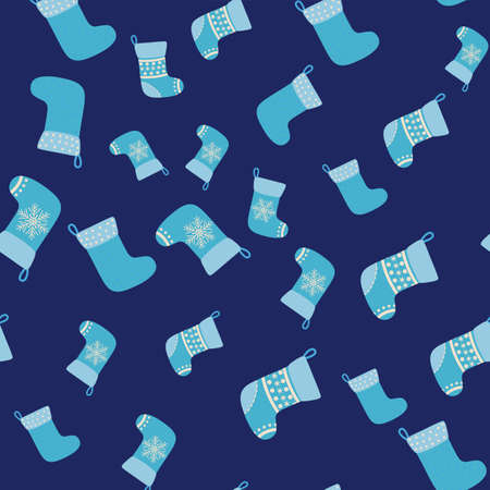 Christmas seamless pattern with blue Christmas socks with snowflakes, specks, patternのイラスト素材