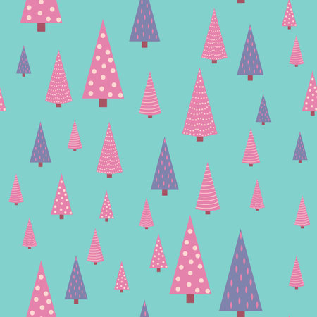 Seamless repeating pattern with textured Christmas trees in violet, pastel pink colors on gray, blue, turquoise. Modern and original holiday textiles, gift wrapping, wall decoration.のイラスト素材