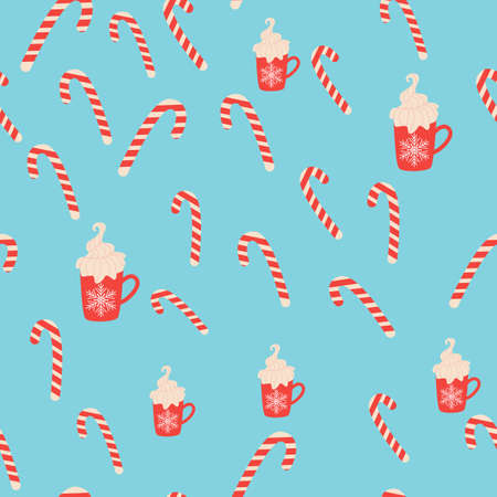 Seamless pattern for Christmas with cane lollipop, cup of cocoa. Winter holiday, cooking, new year's eve.のイラスト素材