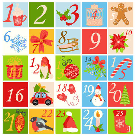 Countdown calendar to Christmas with cartoon characters and symbols. Birds, Gnome, Santa Claus hat, gift, postcard, animals, sweets, mitten, socks. Christmas poster. Winter Holidays Design Elements.のイラスト素材
