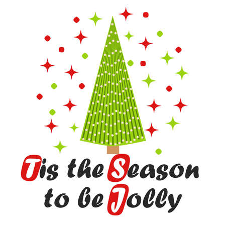 card with Christmas tree and decoration elements, Merry Christmas retro poster. Christmas and Happy New Year illustration. Trendy retro style, design template.のイラスト素材