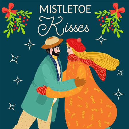 A man and a girl are hugging, a kiss under the mistletoe, the couple congratulates each other on the winter holidays. Christmas and Happy New Year illustration. Trendy retro style, design template.のイラスト素材