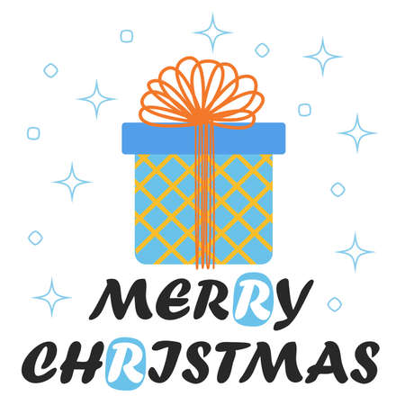 Merry Christmas card with blue gift box. Simple flat postcard winter holidays gift boxes with letteringのイラスト素材