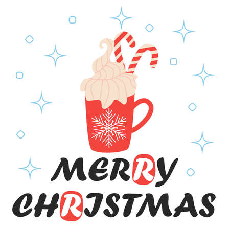 Merry Christmas Card. Red Mug with Hot Chocolate Cocoa, greeting card, apparel and label design.のイラスト素材