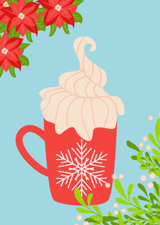 Christmas and Happy New Year templates. Trendy retro style. design template. hot cocoa mugのイラスト素材