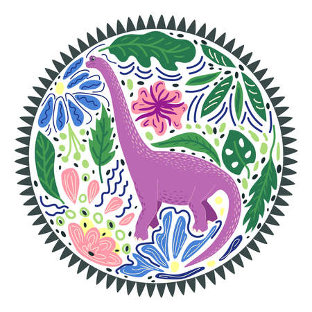 Brachiosaurus purple, prehistoric dinosaurs collection. Ancient animals. Hand drawn. In a frame of flowers and leaves.のイラスト素材