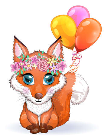 Fox cute character with beautiful eyes with balloons, greeting card.のイラスト素材