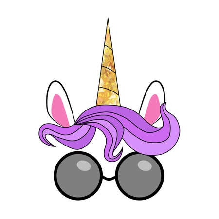 Fabulous cute unicorn with golden gilded horn and sunglasses.のイラスト素材