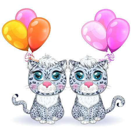 Cartoon snow leopard couple with expressive eyes with balloons, holiday concept, birthday. Wild, rare animals, character, children s cute style.のイラスト素材