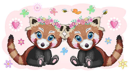 Red panda lovers, cute character, Valentine's day greeting card, bright childish style. Rare animals, red book, cat, bearのイラスト素材