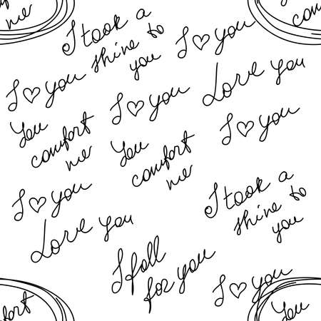 love you hearts romantic pattern illustration isolated on white. black and white seamless patternのイラスト素材
