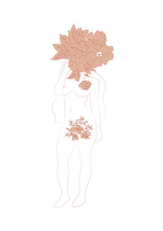 Silhouette of a woman, female body, body positive, cosmetic concept with flowers, trendy beige, templateのイラスト素材