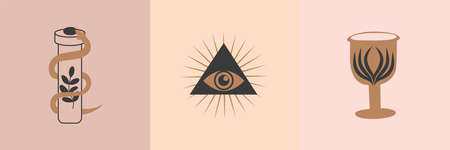 Set of Esoteric symbols, alchemy and witchcraft art. Ethnic set with hands, moon, eye and other...