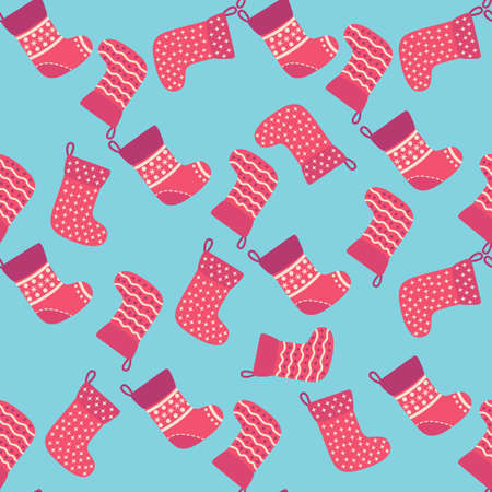 Christmas seamless pattern with red Christmas socks with snowflakes, specks, patternのイラスト素材