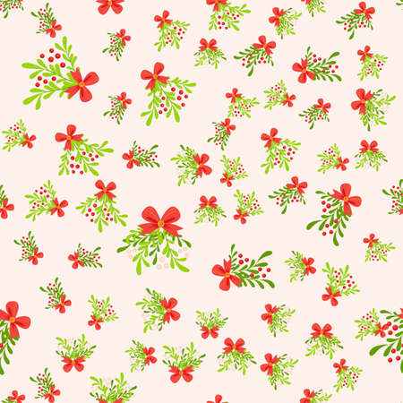 Seamless pattern with hand drawn berries mistletoe, christmas florals. Repeating background for wrapping paper, fabric, stationary products decoration.のイラスト素材