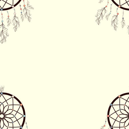 seamless background, retro pattern, ethnic doodle collection, tribal design. Hand drawn illustration with indian dreamcatchers and feathersのイラスト素材