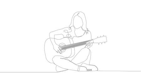 Self-drawing animation of continuous drawing of one line of a girl playing an acoustic guitar.のイラスト素材