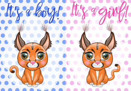 Baby Shower greeting card with Cute boy and girl. Caracal steppe lynx with beautiful eyes in cartoon style, colorful illustration for children. Caracal cat with characteristic ears, spots and colorのイラスト素材