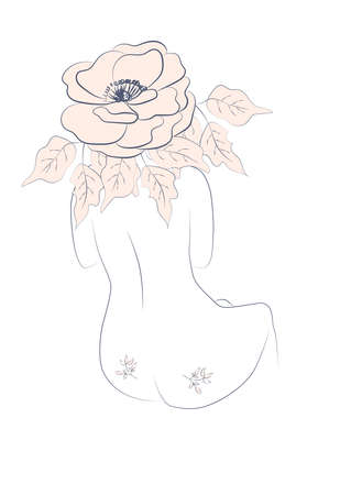 Silhouette of a woman, female body, body positive, cosmetic concept with flowers, trendy beige, templateのイラスト素材
