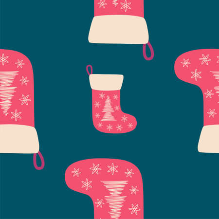 Christmas seamless pattern with red christmas socks with hand drawn christmas tree.のイラスト素材