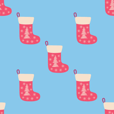 Christmas seamless pattern with red christmas socks with hand drawn christmas tree.のイラスト素材