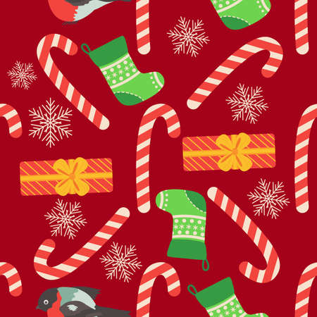 Christmas seamless pattern with candy cane, gift, stocking, bullfinch bird. Christmas wrapping paper.のイラスト素材