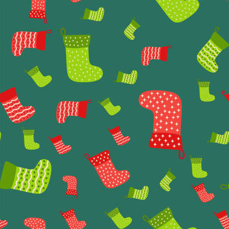 Christmas background with green, red stockings, wrapping paper and background image. Christmas stockings seamless pattern.のイラスト素材