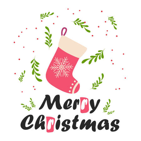 Greeting card for winter holidays with red Christmas stocking. typography poster. Xmas design.のイラスト素材