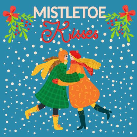 Two girls hug, kiss under the mistletoe, gay, lesbian couple congratulate each other on the winter holidays. Christmas and Happy New Year illustration. Trendy retro style, design template.のイラスト素材