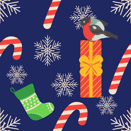 Christmas seamless pattern with candy cane, gift, stocking, bullfinch bird. Christmas wrapping paper.のイラスト素材