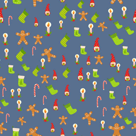 Seamless Christmas pattern with gnome, gingerbread, candle, stocking, candy cane. Wrapping paper decorationのイラスト素材