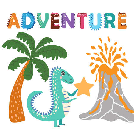 Cute dinosaur hand drawn with lettering Love Adventure. Dino flat character, cartoon illustration for kids game, book, t-shirts, banner, cardのイラスト素材