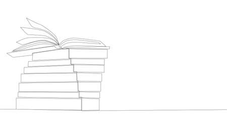 Stack of opened books in style of one line. Black contour.のイラスト素材