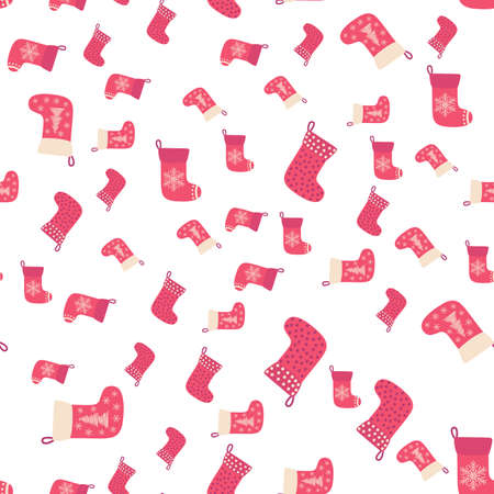 Christmas background with red stockings, wrapping paper and background image. Christmas stockings seamless pattern.のイラスト素材