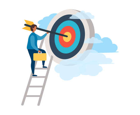 A man with an arrow is running towards his goal along a winding road, motivation is advancing, the path to achieving the goal is high, through clouds or stairs, steps of achievement, stepsのイラスト素材