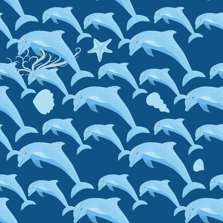 Dolphin, sea inhabitants seamless pattern, beautiful character among seashells, algae, starfish, marine wildlife.のイラスト素材