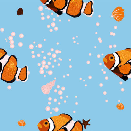 Amphiprion, sea inhabitants seamless pattern, beautiful character among seashells, algae, starfish, marine wildlife. Orange bright sea dweller clown fish surroundedのイラスト素材